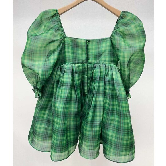 Selkie The Beth Plaid Puff Mini Dress Small Green Checks - Picture 8 of 13